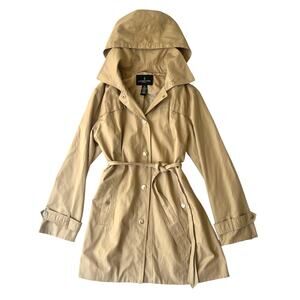 London Fog Women’s XL Hooded Trench / Raincoat – Classic Khaki, Belted & Lined